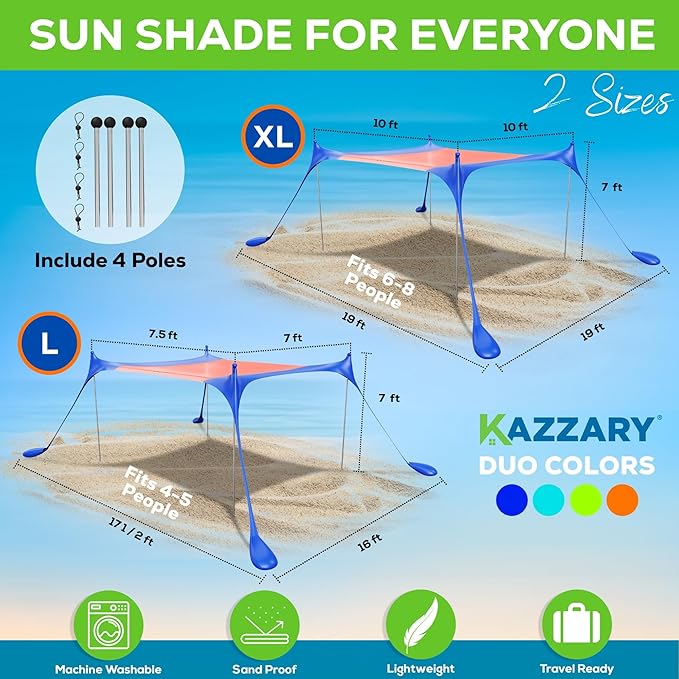 Beach Tent UPF50+ Sun Shade Canopy with Sandbags, 4 Stability Poles, Ground Pegs, Flying Disc Sand Shovel, Lightweight Sunshade Shelter, 7ft Tall for Outdoor Trips, Camping and Sports