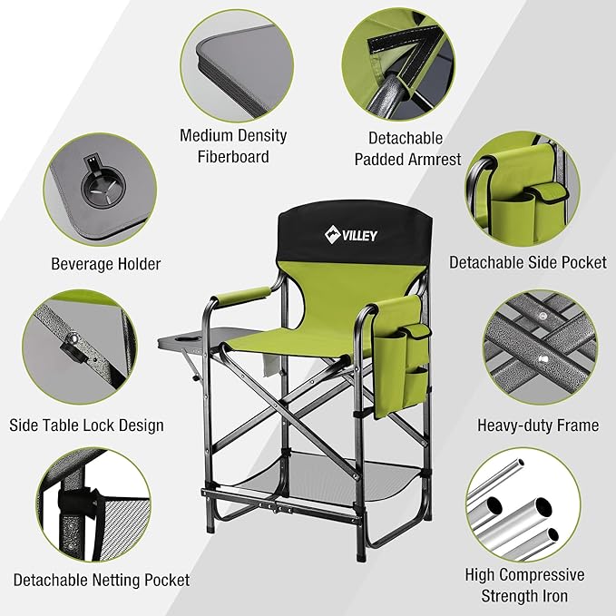 VILLEY Tall Directors Chair, Folding Camping Chairs, Makeup Artist Chair with Foot Rest, 900D Fabric for Tailgating Camp Lawn Picnic Fishing Beach, Supports 350 LBS, Green