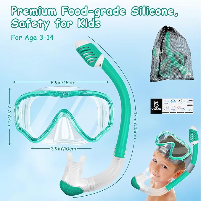 Vvinca Snorkeling Gear for Kids Dry Top Kids Snorkel Set for Boys Girls Junior Youth Children Age 4-14 Swim Goggles with Nose Cover Anti-Fog Panoramic View Adjustable Elastic Diving Mask and Snorkel