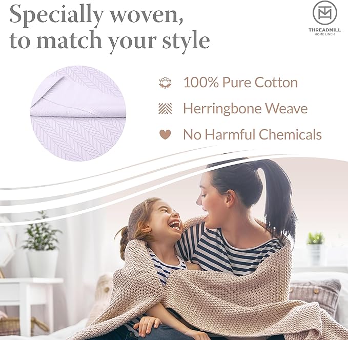 Threadmill Luxury Cotton Blankets for King Size Bed | All-Season Cozy 100% Cotton King Size Blanket | Herringbone Soft Fall Thermal Blanket fits California King Size Bed, 106x92 | Lilac