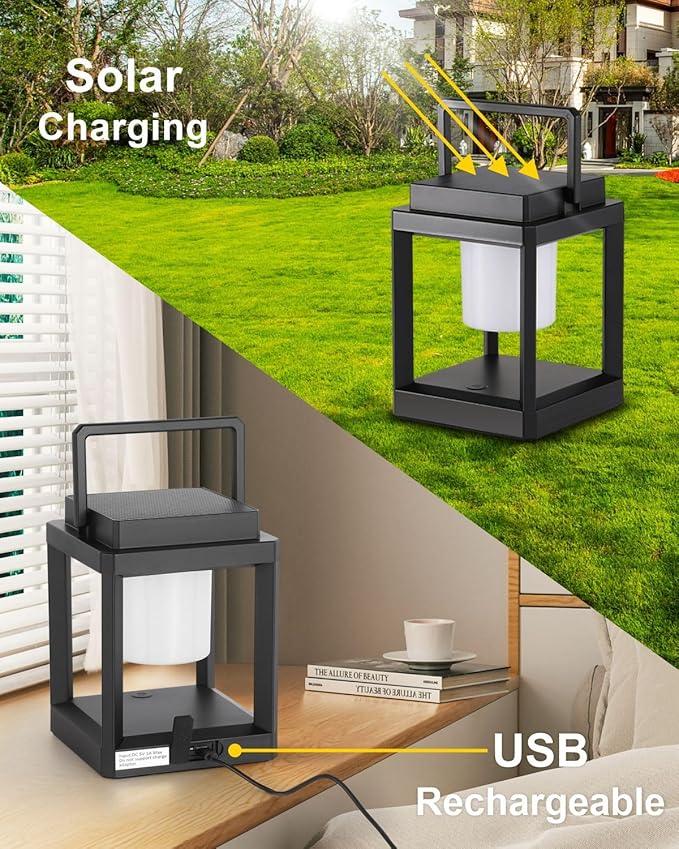 Outdoor Table Lamp, Led Lamps for Nightstand, Solar Lanterns Outdoor Hanging for Patio Waterproof, Cordless Battery Operated Lamp, Rechargeable Solar Lantern for Reading, Decor, Camping