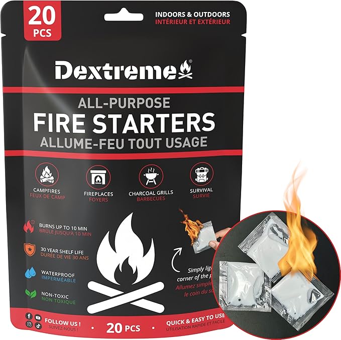 Dextreme Quick Instant Fire Starter - Waterproof All-Purpose Indoor & Outdoor Firestarter, for Charcoal Starter, Campfire, Fireplace, BBQ, Survival and Wood Stove (20 Pcs Bag)