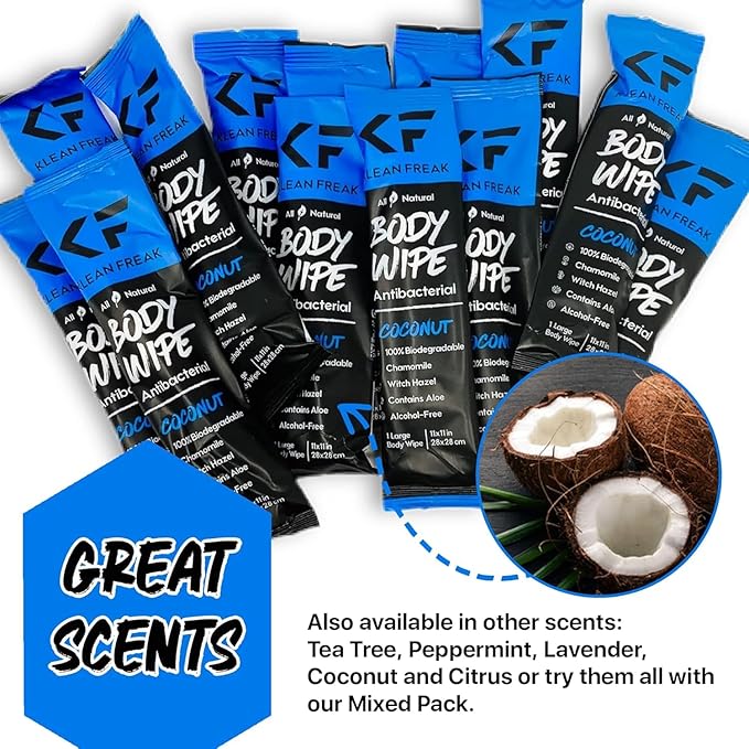 Body 12-Count Wipes - Original Disposable Wipes, Individually Wrapped for the Gym, Workout, Hiking, Travel, and Sport (Coconut)