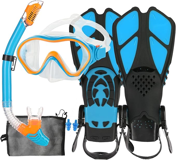 Kids Mask Fins Snorkel Set Snorkeling Packages, with Diving Mask, Snorkel, Adjustable Swim Fins, Mesh Bag, Anti-Fog Anti-Leak Snorkeling Gear for Kids for Snorkeling Swimming Diving