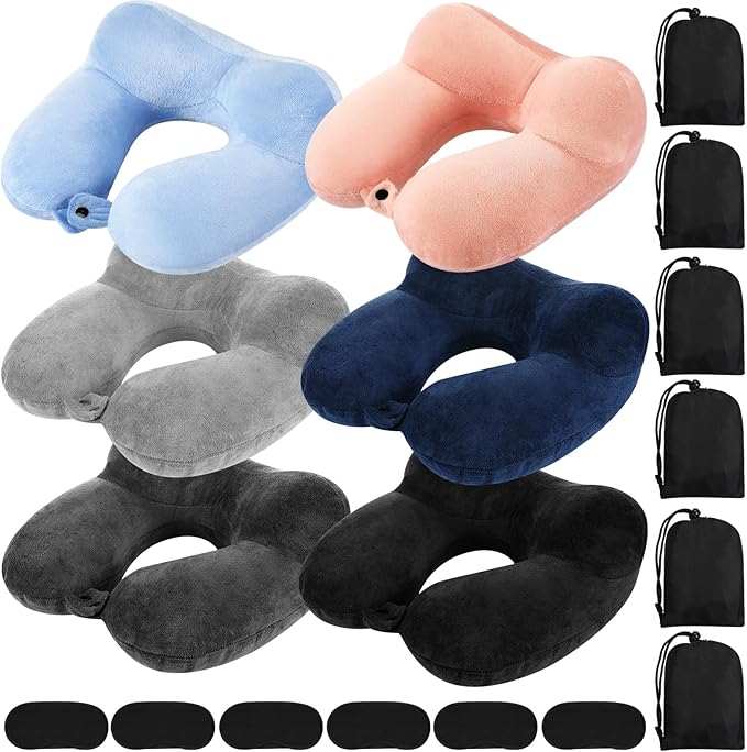 Sintuff 6 Pcs Inflatable Travel Pillow for Airplanes with Compact Bag and Blindfold Soft Velvet Inflatable Neck Pillows for Traveling, Airplane, Train, Car, Office (6 Colors)