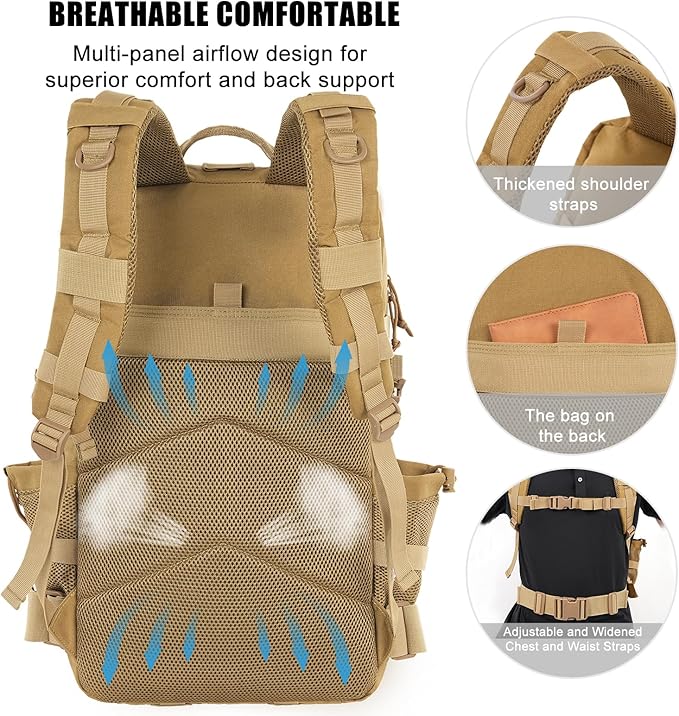 Military Tactical Backpack 50L Large Day Backpack for Men Molle Army 3 Days Assault Pack Bug Out Bag Water Resistant and Heavy Duty Hiking Treeking Rucksack - Brown