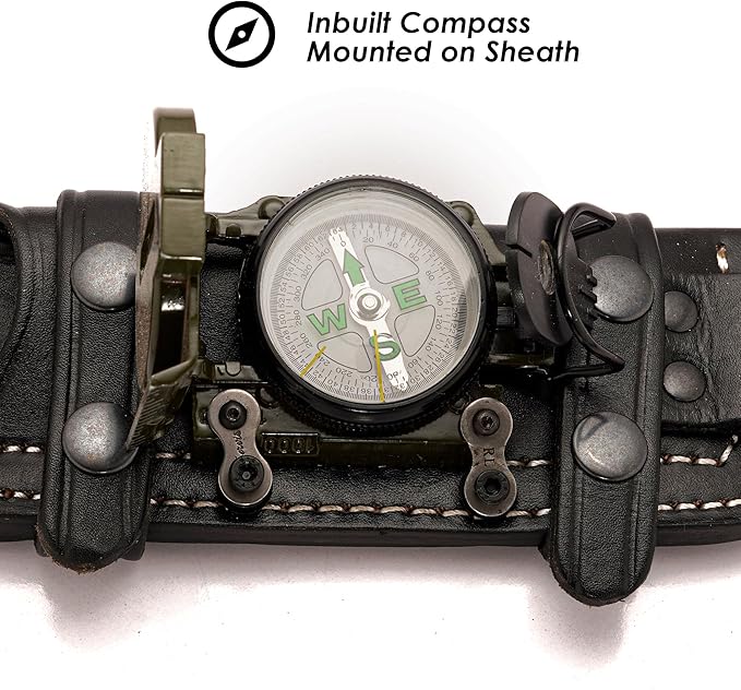 Fixed Blade Knife 10” Hunting Knife With Built-in Military Compass And Leather Sheath - G10 Handle Survival knives for Camping, Hiking, and Outdoor Use