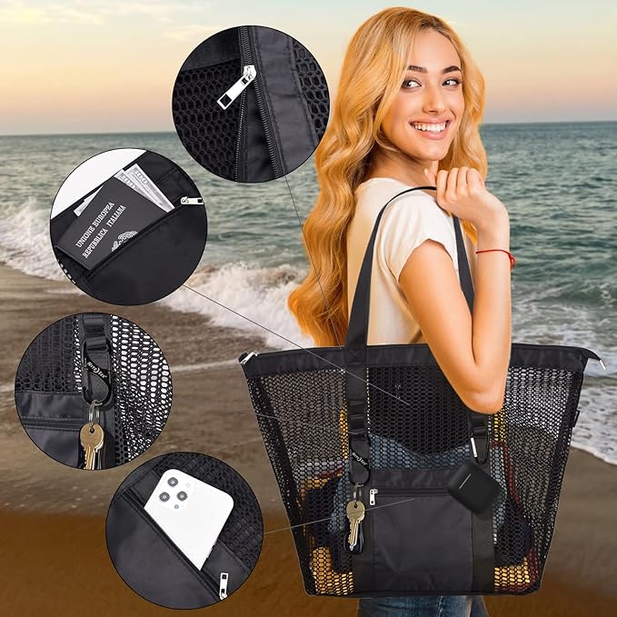 Beach Bag - Mesh Tote Bag Beach Vacation Clothes for Women Pool Bag for Travel Pool Family Cruise Essentials 2025