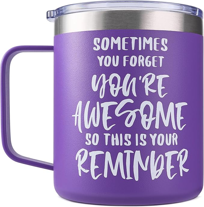 SUNWILL Insulated Coffee Mug with Lid, Birthday Gifts for Women, Stainless Steel Coffee Cup, Inspirational Sometimes You Forget You're Awesome Gifts for Christmas, Graduation, Thank You - 14oz Purple