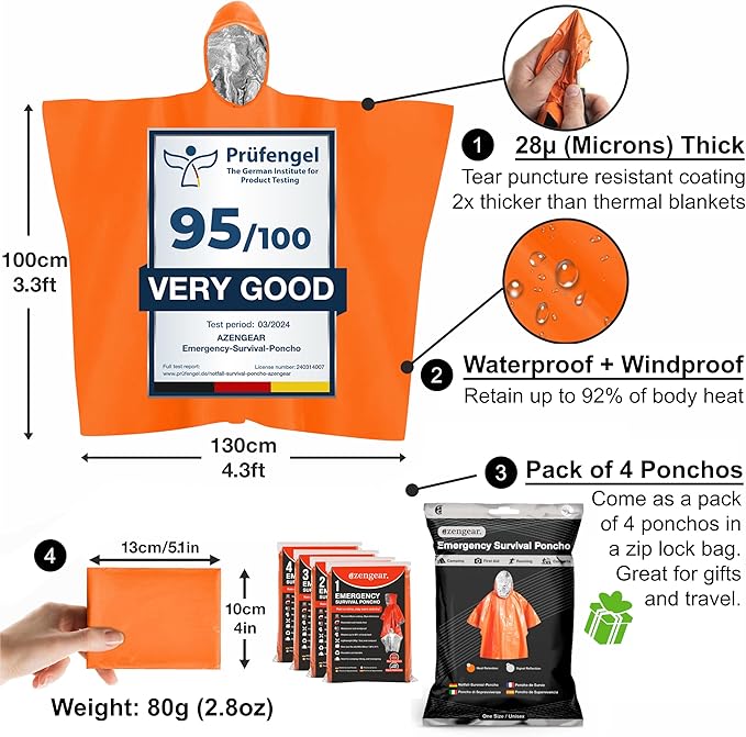 aZengear Emergency Survival Poncho (4pc) Thermal Mylar Foil Blanket for Heat Retention and Rain | Reversible with Hood | Waterproof, Windproof, Portable, Hands-Free, Outdoor Kit (Orange)