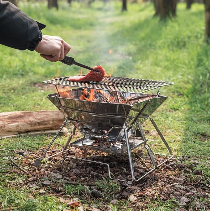 CAMPINGMOON Stainless Steel Foldable Camping Grills Portable Wood Burning Charcoal Grill 14-inch with Carrying Bag MT-2