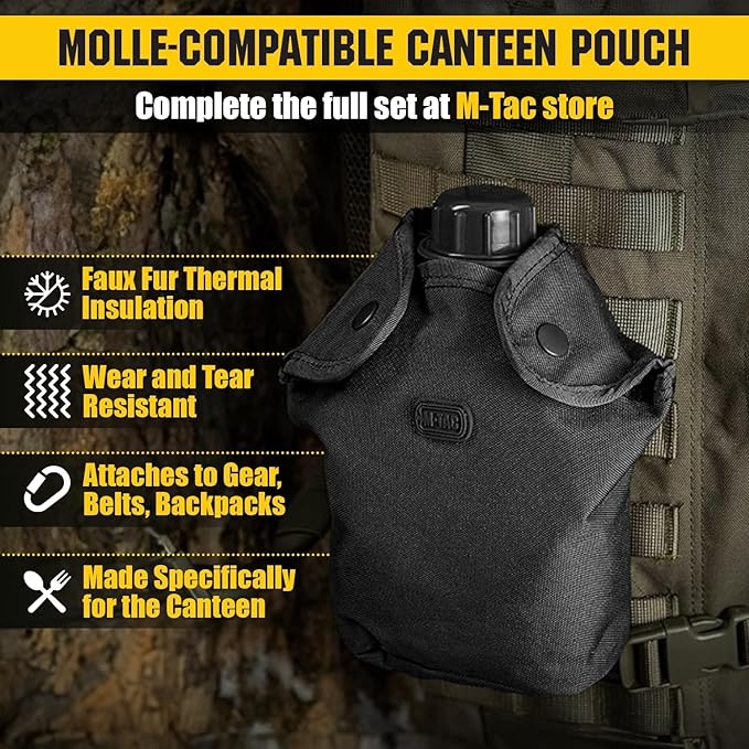 M-Tac MOLLE Canteen Pouch – Tactical Water Bottle Carrier, 600D PVC‑Coated Polyester, Fits 40 oz Canteens, MOLLE Backpack/Vest Attachment (Black)