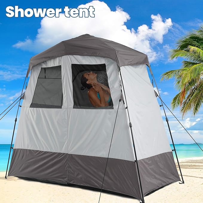 Camping Shower Tent Deluxe Changing Room Easy Set Up Privacy Shelter,Large Toilet Tent with Floor Drain Design for Beach, Camping,Hiking with Stakes and Ropes for Stability