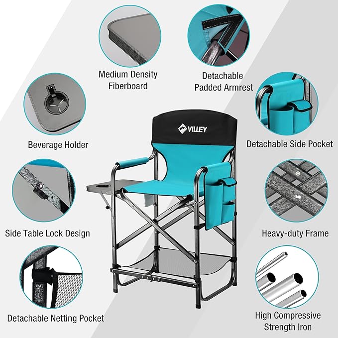 VILLEY Tall Directors Chair, Folding Camping Chairs, Makeup Artist Chair with Foot Rest, 900D Fabric for Tailgating Camp Lawn Picnic Fishing Beach, Supports 350 LBS, Blue