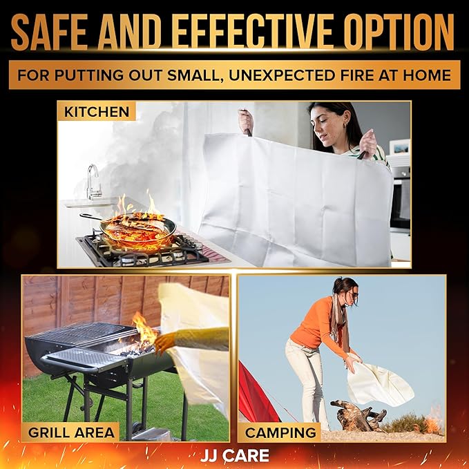 JJ CARE Fire Blanket – 9 Packs with Hooks and Gloves – 40” x 40” Fire Blankets Emergency for Home and Kitchen, High Heat Resistant and Flame Protection for Kitchen, Car, Office, Camping & Home Safety