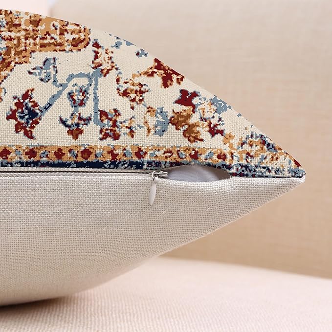 Outdoor Waterproof Pillow Set of 2 - 18X18 Inch Bohemian Vintage Carpet Pattern Pillow Covers in Brown and Blue Ethnic Design for Decorative Farmhouse Couch, Garden, Balcony