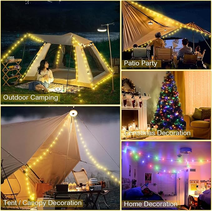 Camping String Lights, Rechargeable Tent Lights String with 8 Lighting Modes, Camping Essentials Gear 32.8FT Lamp Light, Rechargeable Waterproof LED Light for Tent Yard Garden Hiking Decor 2 Pack