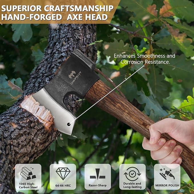 14.4" Hatchet, Camping Hatchet, Hand Forged Axe with Sheath, Bushcraft Axe with 1065 Carbon Steel and Beech Handle for Wood Chopping – Perfect for Outdoor Survival and Adventures