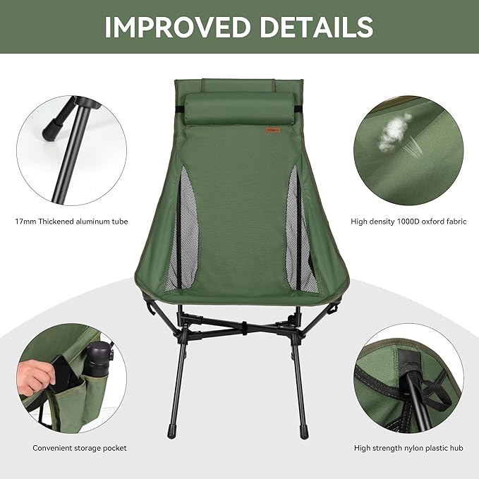 Portable High Back Camping Chair, Support Heavy Duty 440 lbs, Lightweight Folding Chair with Adjustable Pillow for Hiking, Beach, Backpacking