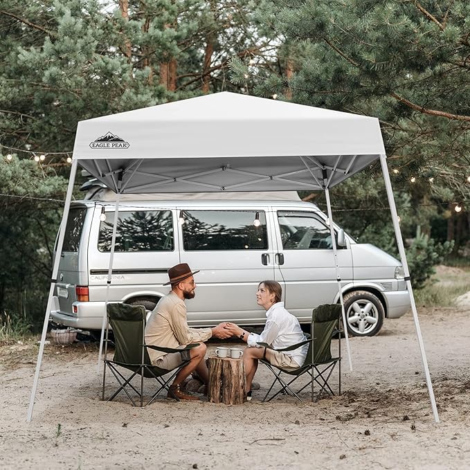 EAGLE PEAK 8x8 Slant Leg Pop-up Canopy Tent Easy One Person Setup Instant Outdoor Beach Canopy Folding Portable Sports Shelter 8x8 Base 6x6 Top (White)