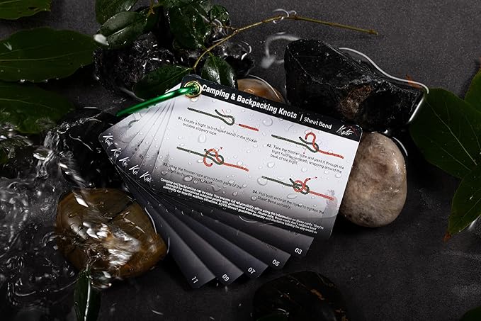 Outdoor Knots Mastery Guide - Essential Backpacking, Scouting & Camping 12 Portable Pocket Size Knot Cards - Waterproof Portable Reference with Mini Carabiner, Regular