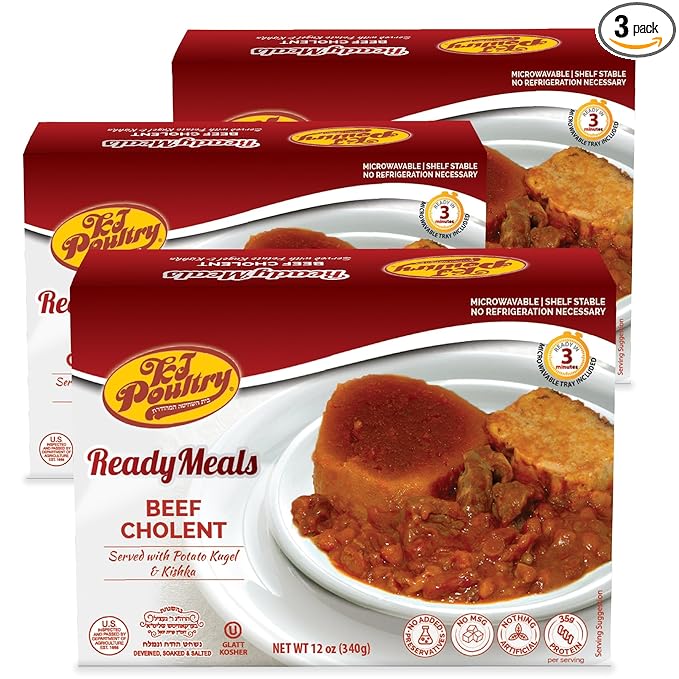 KJ Poultry Kosher Ready Meals - Beef Chulent & Kugel, MRE Meat Meals Ready to Eat, Shabbos Food (3 Pack) Prepared Entree Fully Cooked, Shelf Stable Microwave Dinner Travel, Military, Camping, Survival