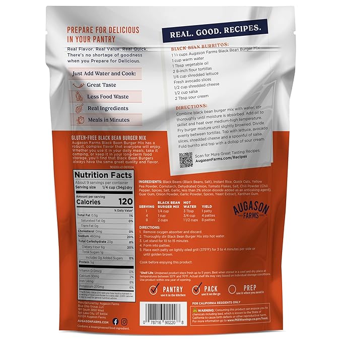 Augason Farms Black Bean Burger Mix Resealable Pouch, Certified Gluten Free, Emergency Food Supply, Everyday Meals, 9 Servings