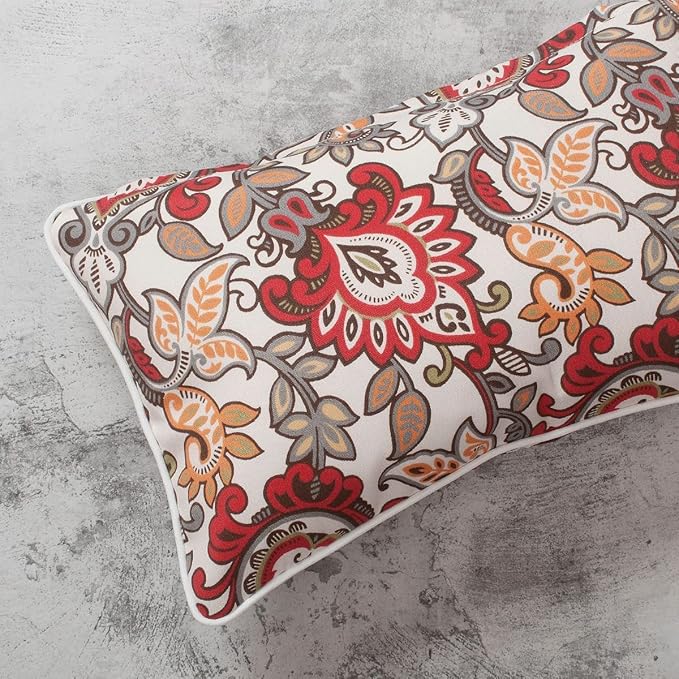 Magpie Fabrics Pack of 2 Outdoor Lumbar Pillow Case Covers 12"x20", Waterproof Rectangular Throw Pillowcase Shell Decorative Sham for Patio Garden Couch - Floral Red Orange