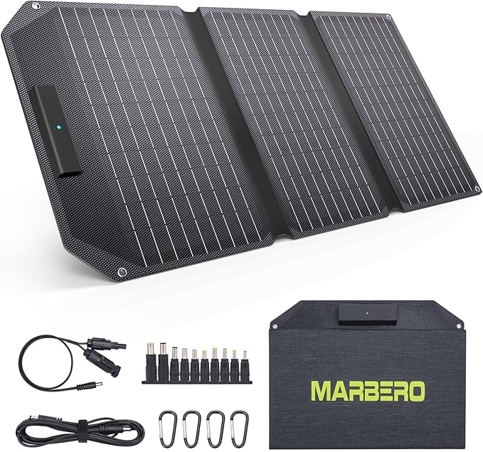 MARBERO 30W Solar Charger >23% High Efficiency Foldable Portable Solar Panel for Power Station Phones Tablets 2 USB Ports & DC Fast Charging IP65 Waterproof for Camping Outdoor Backpacking Cloudy
