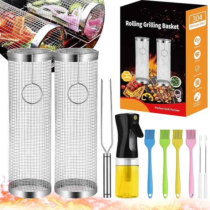 Rolling Grill Baskets (2PCS), Stainless Steel Grill Basket, Dishwasher Safe BBQ Grill Accessories Portable Grill Baskets for Outdoor Grill for Fish, Shrimp, Meat, Vegetables, Fries Outdoor Cooking Camping