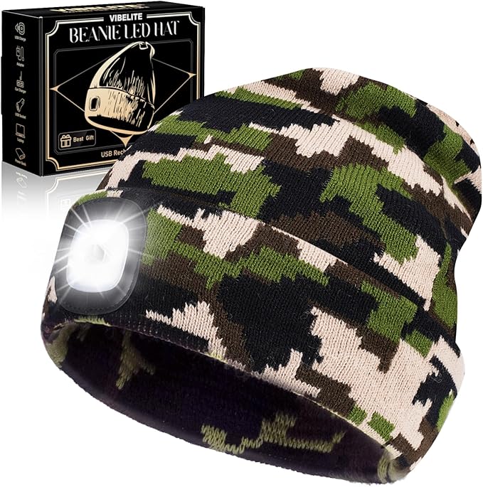 LED Beanie Hat with Light, USB Rechargeable LED Headlamp, Gifts for Men, Him, Husband, Boyfriend, Gifts for Dad, Husband, Father, Camouflage