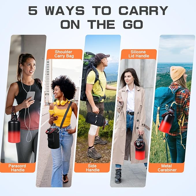 Insulated Water Bottle 64 oz, Half Gallon Water Jug Cold 48H, BPA Free Stainless Steel Bottles with Straw/Chug 2-in-1 Lid, Bag, Paracord Handle, Silicone Boot, Sports Gym School Metal Flask