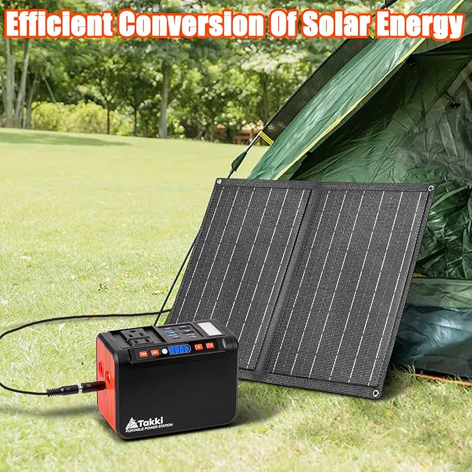 Takki 111Wh Portable Solar Generator Power Station with 21W Foldable Solar Panel, 120W Peak Solar Charger Power Bank with 110V AC DC USB Ports for Camping Emergency Outdoor Home Use
