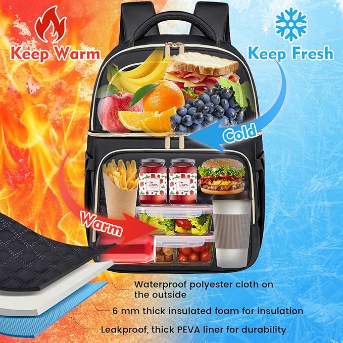 Backpack Cooler Lunch Backpacks Double Decker Lunch Box,Insulated Backpacks Lunch Cooler Bags, Lightweight Leakproof Lunchbox Back Pack for Women Men to Travel,Picnic,Hiking,Beach,Camping