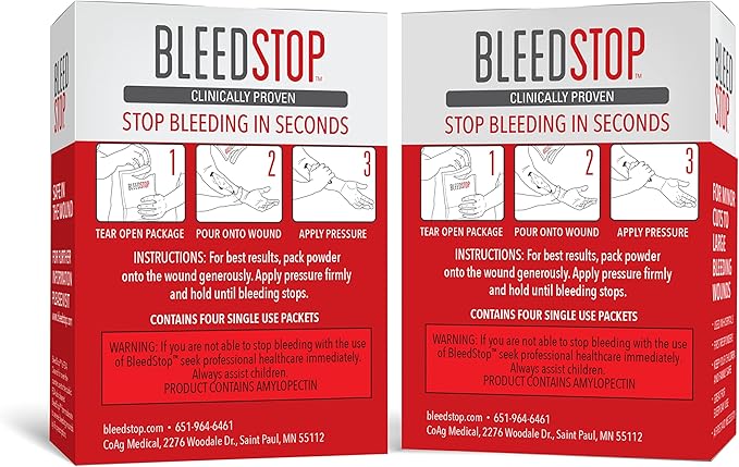 BleedStop™ First Aid Powder for Blood Clotting, Trauma Kit, Blood Thinner Patients, Camping Safety, and Survival Equipment for Moderate to Severe Bleeding Wounds or Nosebleeds (Double 4 Pack 15g)