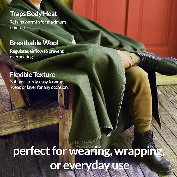 Military Style Wool Blanket – Cushioned, Breathable, Durable, Warm & Washable – Double-Stitched Border– Great for Camping, Outdoor, First Aid, Travel, Car, Fire-Resistant – 64"x90" 4.5lb (Olive Green)