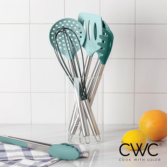 COOK WITH COLOR Silicone Cooking Utensils, Kitchen Utensil Set, Easy to Clean Silicone Kitchen Utensils, Cooking Utensils for Nonstick Cookware, Kitchen Gadgets Set, 10 Pieces, Teal