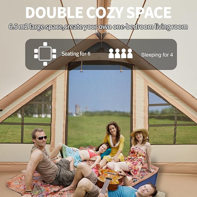 SHANQUAN Inflatable Tent with Pump,4-6 Person Instant Glamping Camping Tents House, Easy Setup Blow Up Family Tents for 4 Seasons Waterproof Inflatable Tent for Camping with Mesh Windows.