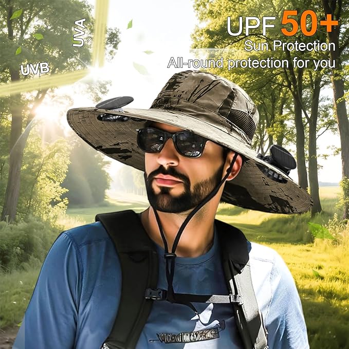 Outdoor Wide Brim Sun Hat with 2 Solar Fan for Men Women UPF50+ Outdoor Hiking Sun Protection Bucket Fishing&Cycling Hat