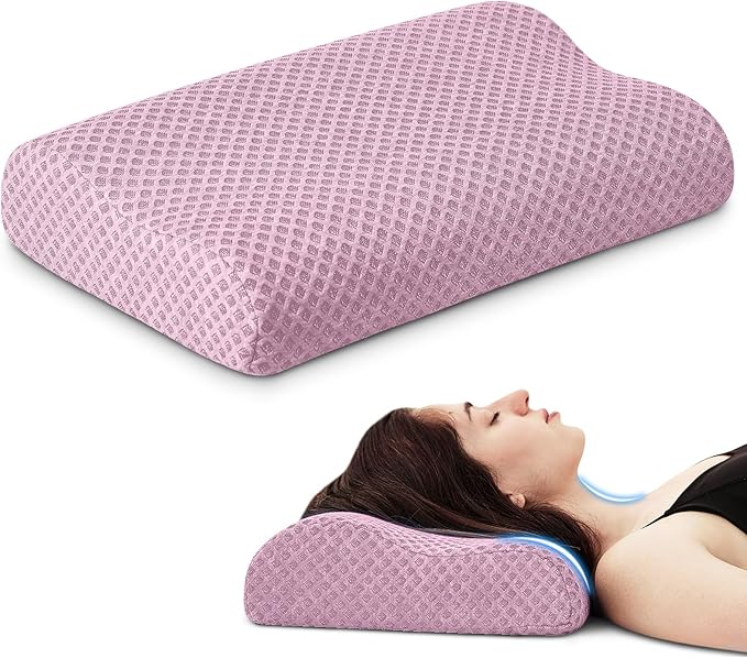 Travel Pillow Memory Foam Pillows, Ergonomic Wave Cervical Neck Pillow for Neck Pain Relief, Compressible Medium Firm Side Sleeper Pillow, Ideal for Camping, Office, Home & Bed (Pink, S)