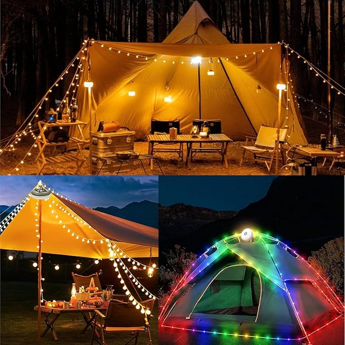 Camping String Lights | Rechargeable 4 in 1 Quick Storage 32.8FT Tent Lights with 8 Modes | Hanging Waterproof LED Lamp for Outdoor Patio Garden Party | Christmas Holiday Decor - Camping Gear