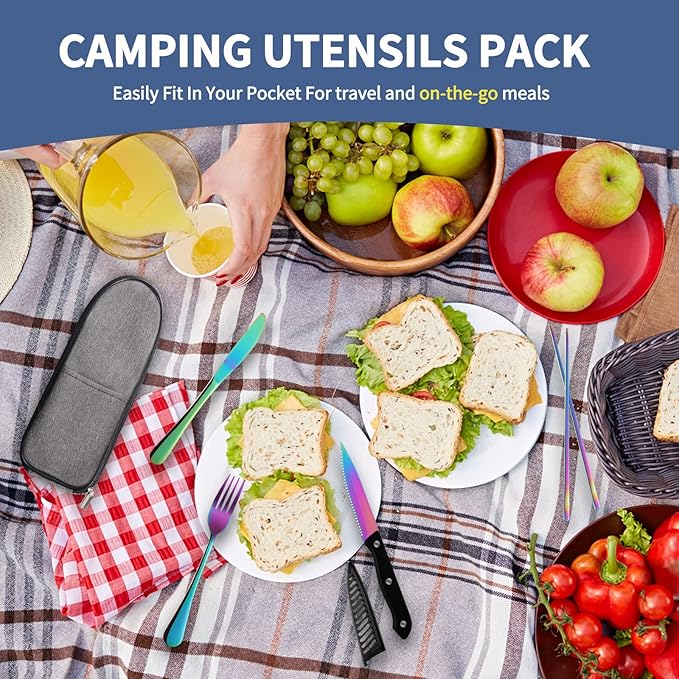 Travel Utensils with Case,Reusable Utensils,Portable Travel Camping Cutlery Set,Stainless Steel Flatware Set,Lunch Boxes Workplace Camping School Picnic (Rainbow)