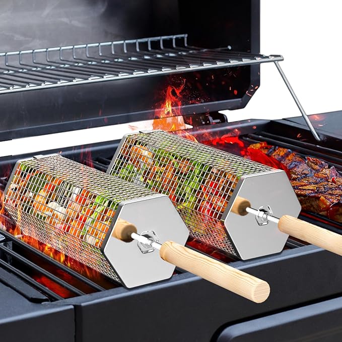 Rolling Grill Basket, Removable Wooden Handle, 304 Stainless Steel, Nesting Grilling Tools, Smoker BBQ Accessories for Vegetable, Outdoor Cooking Camping, Birthday Gifts for Men Dad Husband