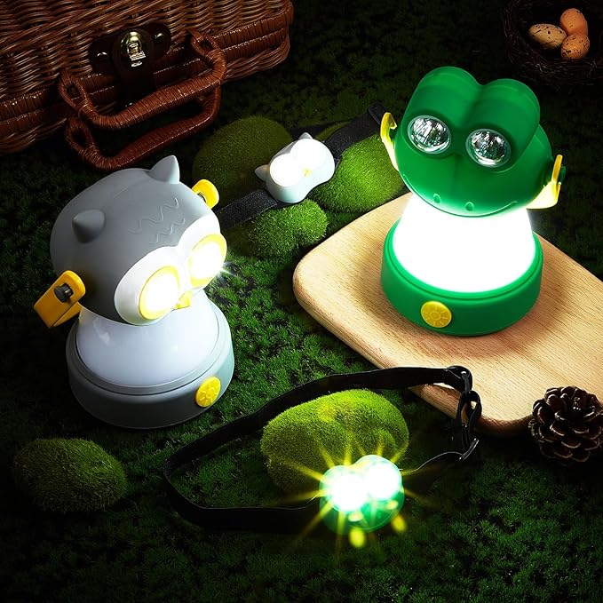 VIHOSE 2 Set Animal LED Camping Lantern and Headlamp 4 Pcs Animal Themed Camping Equipment Room Nightlight Battery Powered Night Light for Emergency, Hurricane, Lightweight Tent Lamp