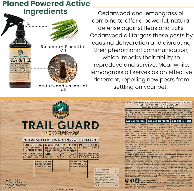 Trail Guard Natural Extra Strength Insect, Flea and Tick Spray for Dogs, Cats, People & Home - 16oz Lemongrass Scented Plant-Based Insect & Tick Repellent for Dogs - Kid Safe (16oz)