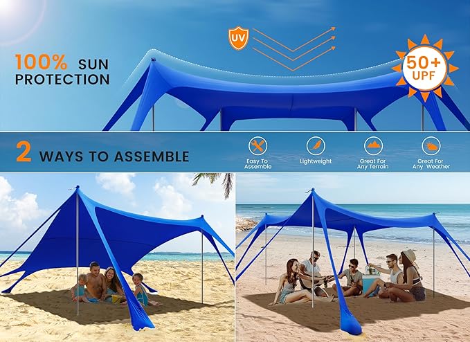 Beach Tent Sun Shelter, Portable Sun Canopy UPF50+ Outdoor Shade with 4 Stability Poles and 8 Sandbags, 10 x 10ft, Sand Shovel, Ground Pegs and Carry Bag for Beach, Camping, Fishing, Picnics