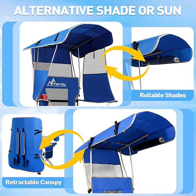 MENOLY Camping Chair with Shade Canopy, Folding Canopy Chair with Cooler Bag for Outdoor Sports, Lawn Chairs with Extra Storage Space, Sturdy Steel Frame for Camping, Beach, Tailgates, Fishing