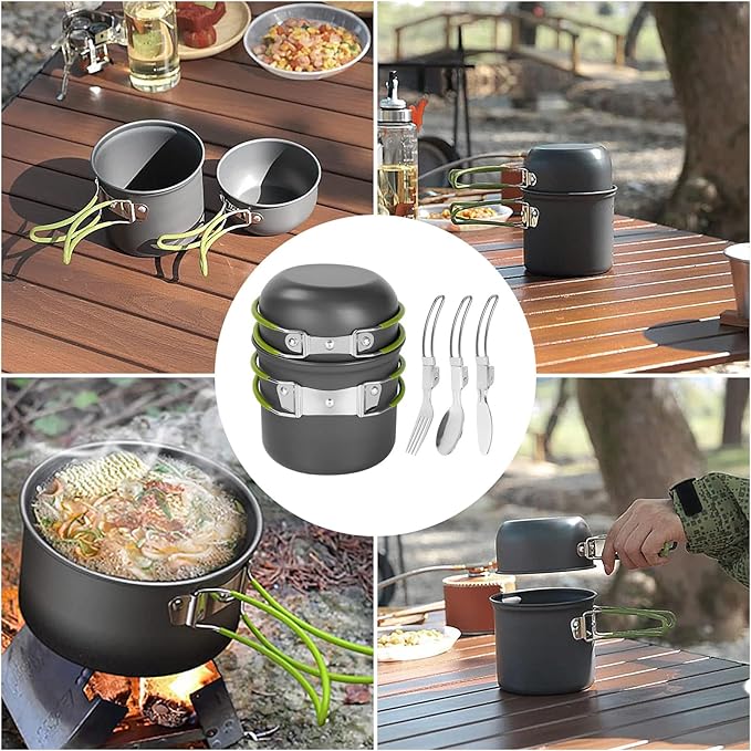 Camping Cookware Mess Kit Backpacking Pot Gear Camping Cooking Pots and Pans Set Camp Kitchen Equipment Accessories Green