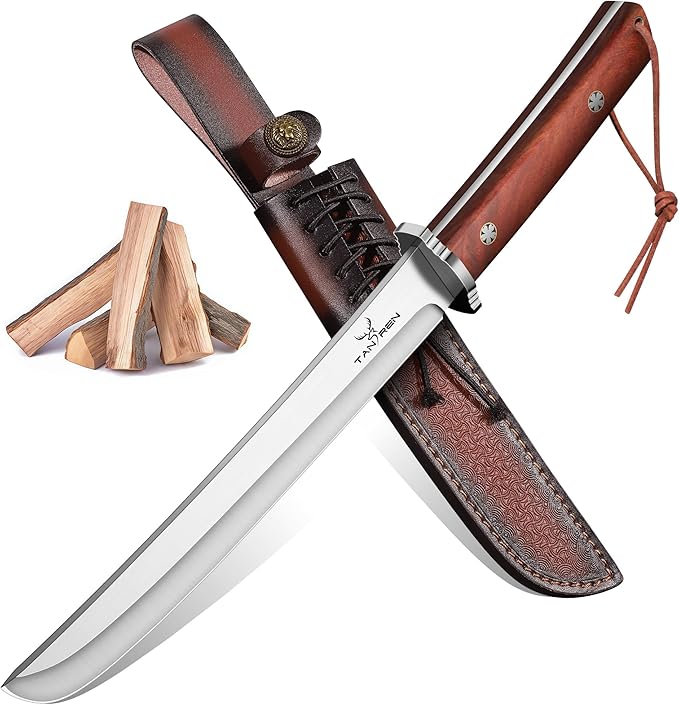 TAN REN Tanto Knife Fixed Blade, 8 Inch Survival Knives with Wooden Handle, Japanese Fixed Blade Knife with Sheath for Camping, Outdoor, Gift Knives for Men