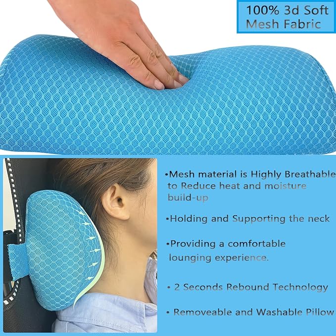 REEZEIVI 2 Pack Headrest Pillow for Patio Chaise Lounge,Chaise Lounge Pillows Outdoor 3D air mesh with Elastic Band,Quick Drying and Washable Spa Pillow for Recliner,Beach Chair,Office Chair,Blue